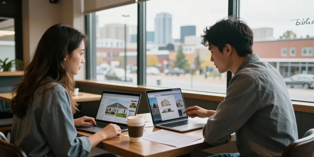 First time home buyers Edmonton reviewing listings in cozy coffee shop with Edmonton skyline.