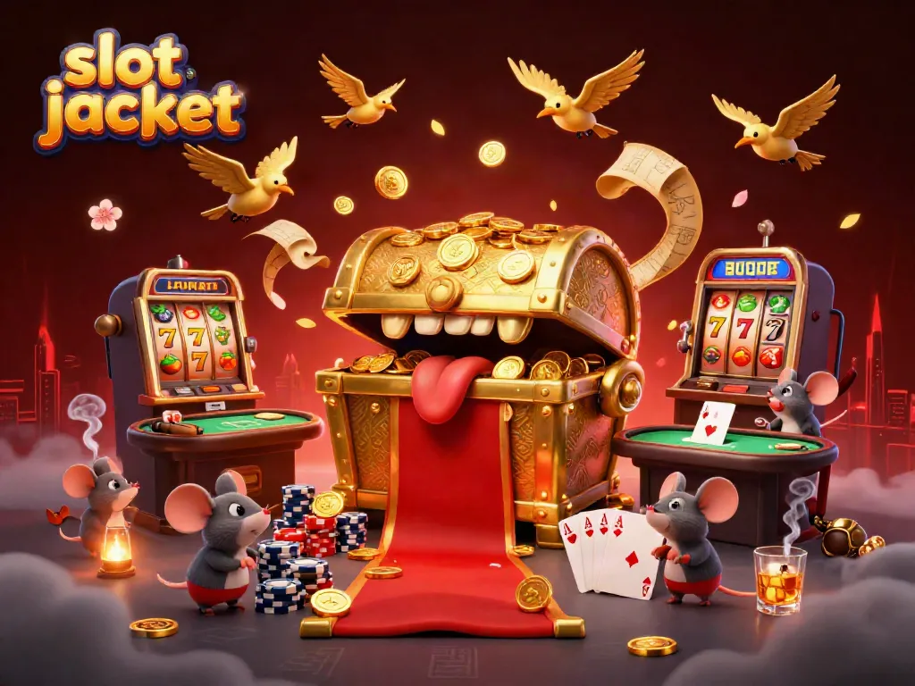 Spin for fortune with slot jackpot, featuring a treasure chest, sparkling poker chips, and vibrant slot machines.