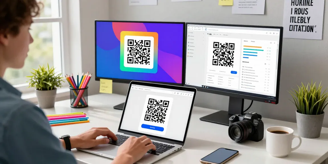 Creating a QR Code Generator Online with a laptop in a modern workspace