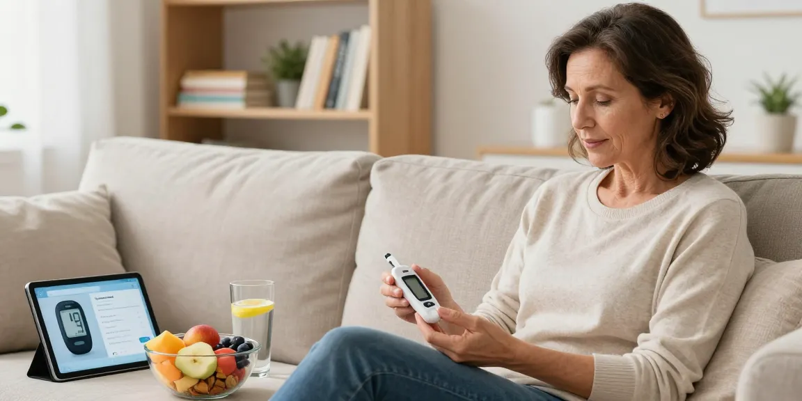 Woman checking her blood sugar levels with a diabetes glucometer in a cozy living room.