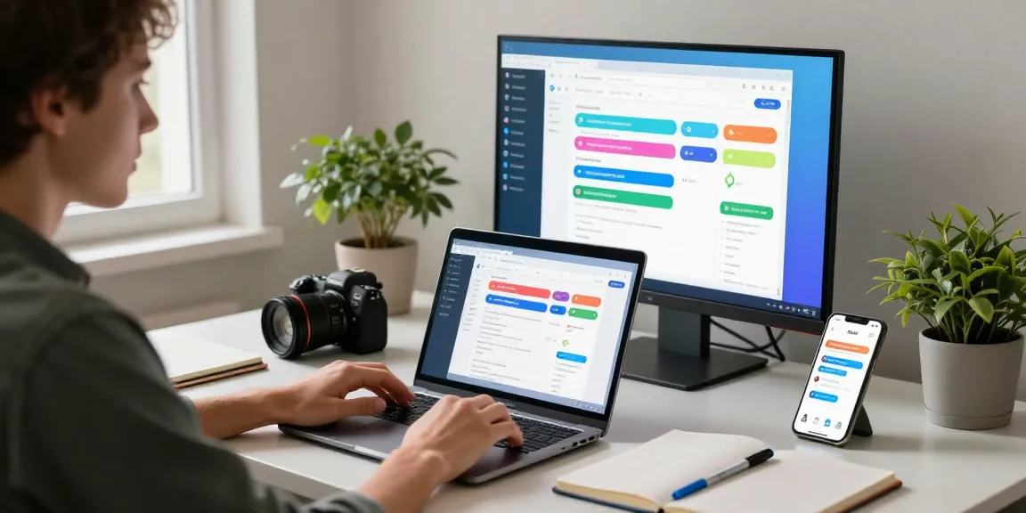 Engaged user on Telegram Web Version in a modern home office setting, featuring laptop and smartphone notifications.