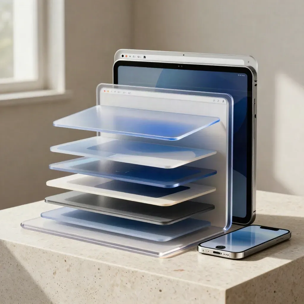 Acrylic website mockups stack forward on travertine with cobalt reflections and soft daylight.