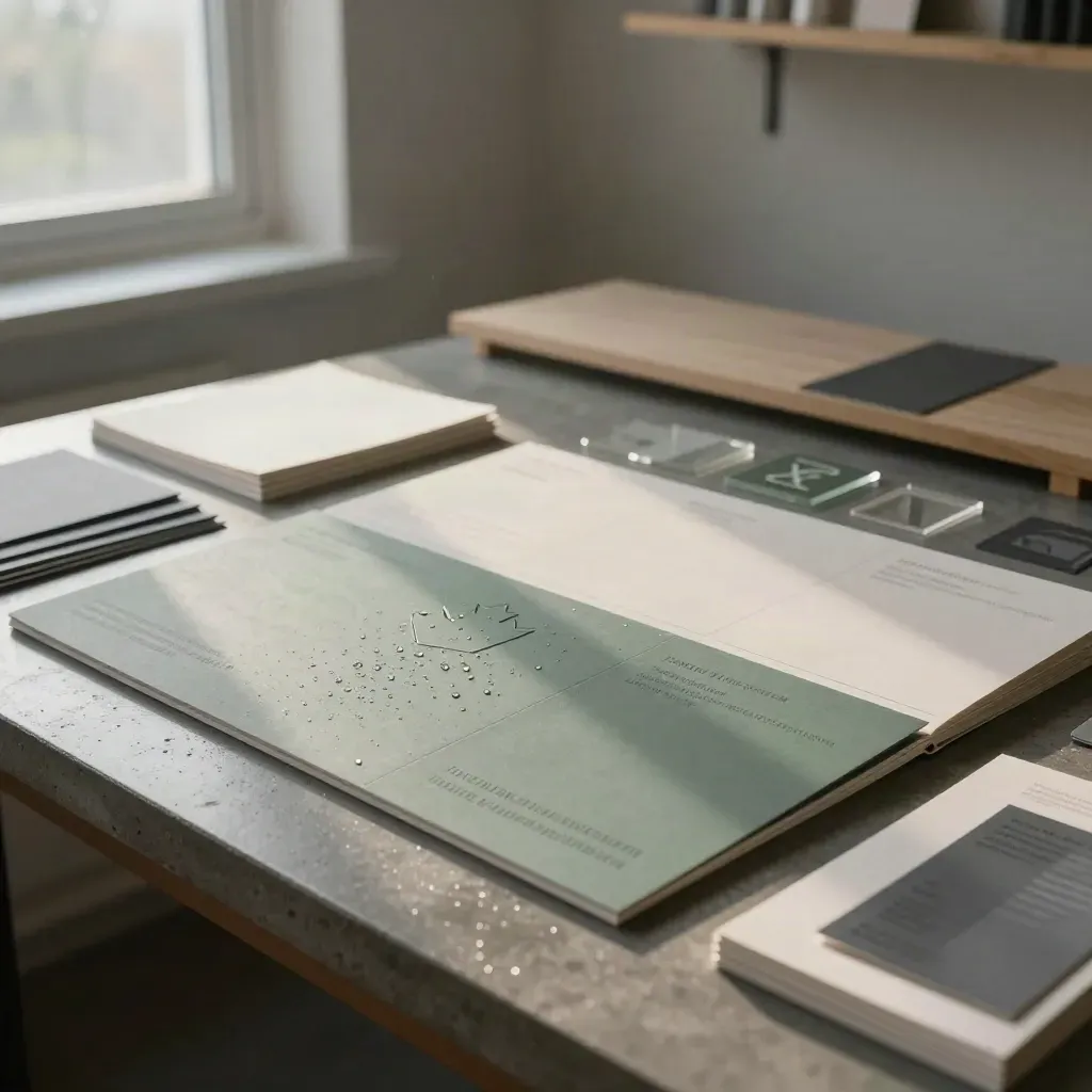Cinematic design studio tableau with paper swatches, embossed boards and acrylic brand forms.
