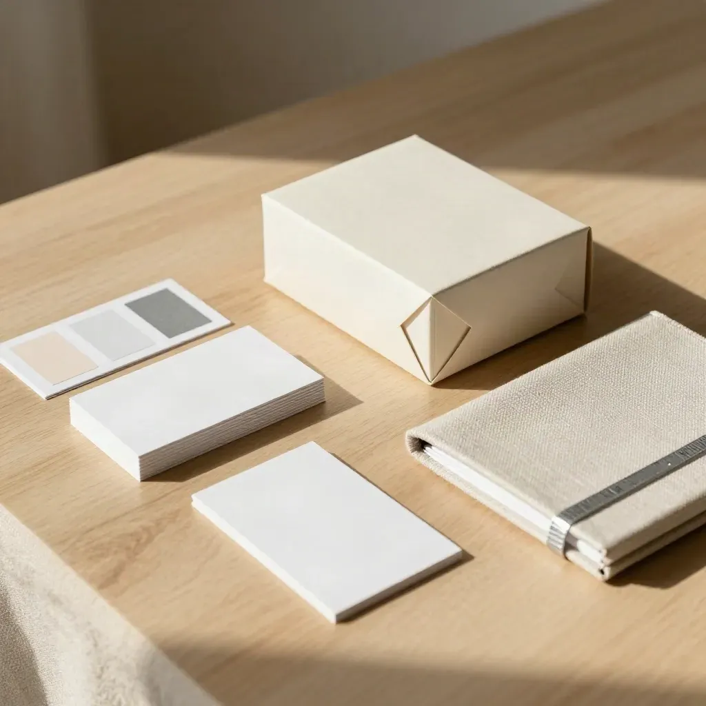 Top-down brand identity kit with box, cards, color chips and cloth-bound guide on a pale oak table.