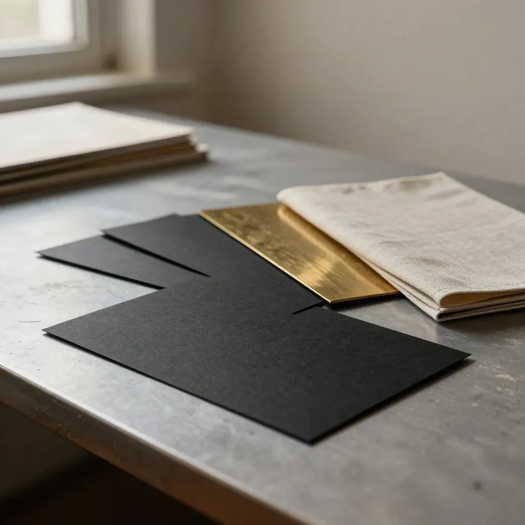 Black paper logo marks, brass embossing plate, and linen folder on a studio workbench.