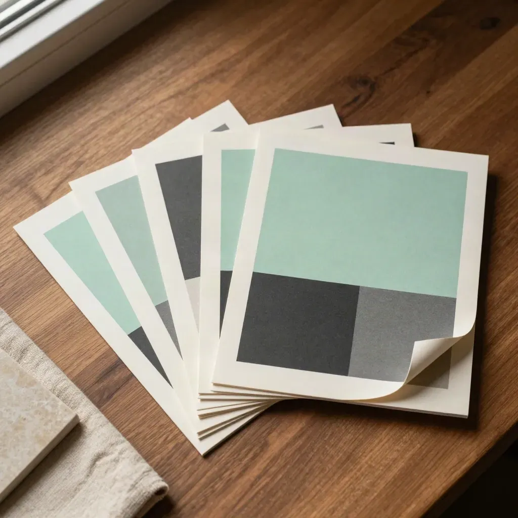 Top-down stack of social post tiles fanned on a walnut table with mint accents.