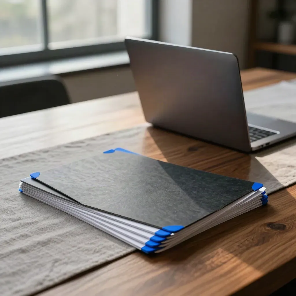 Fanned pitch deck boards, closed laptop, and matte case on a warm walnut studio table.