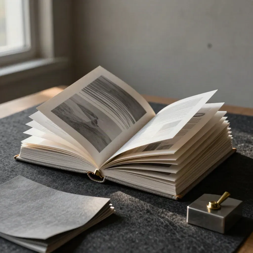 Charcoal pitch deck mockups with linen cover, brass clip, and layered tabs on a concrete studio ledge.