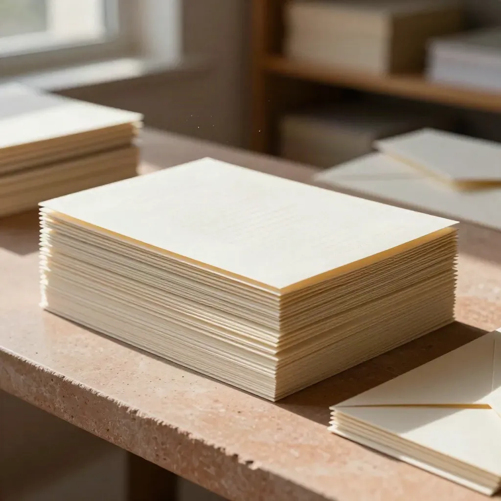 Warm paper collateral stack on terracotta stone in a sunlit print studio.