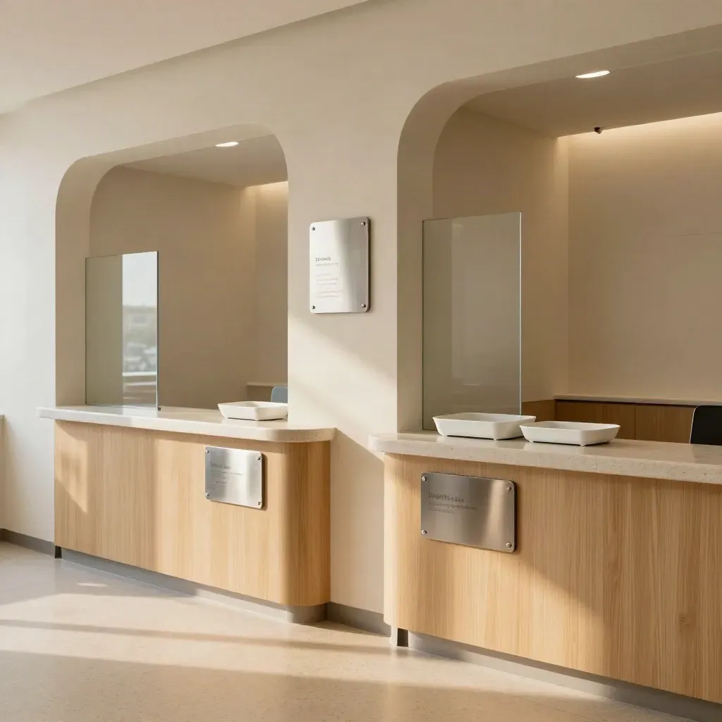 Twin mirrored clinic receptions with frosted glass, stone counters, and neat trays.
