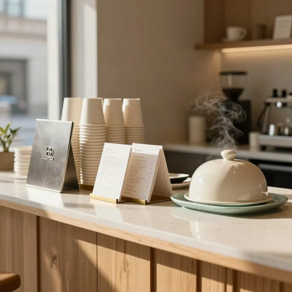 Warm Toronto cafe counter with geometric sign plaque, cup stack, menu rails and pastry dome in soft morning light.
