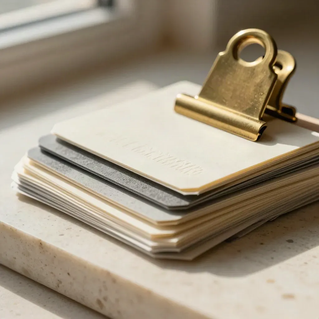 Macro of embossed boards, swatches, and a brass clip on travertine