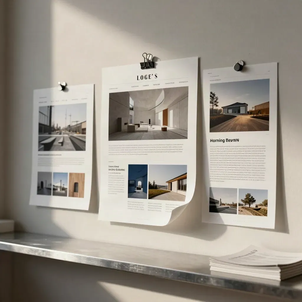 Pinned website mockups and layout tiles on a bright studio pinboard, softly lit and ready for launch.