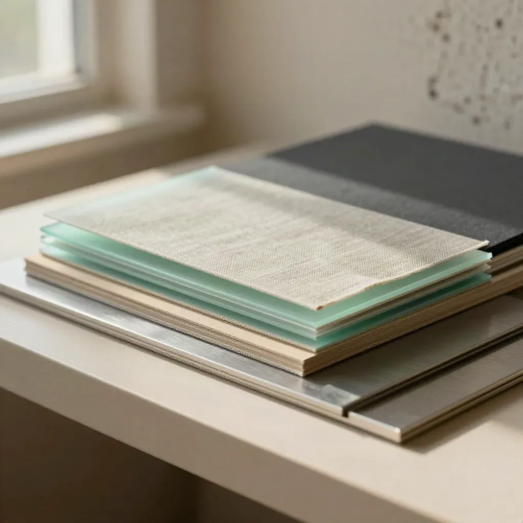 Mint film layered over linen and a soft-touch board in a design studio close-up.