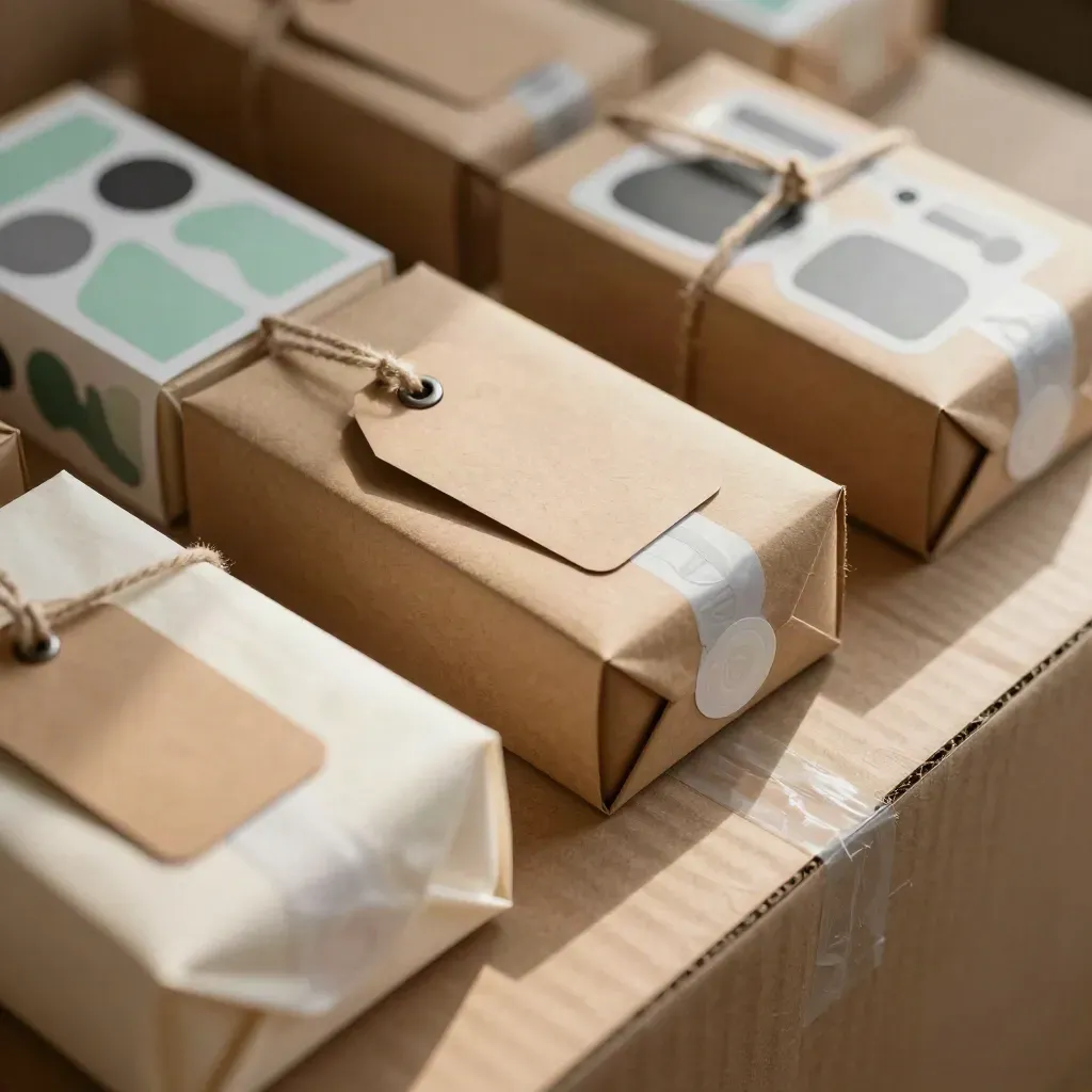 Macro of sealed merch launch boxes with tissue, tags, and sticker sheets on a packing bench.