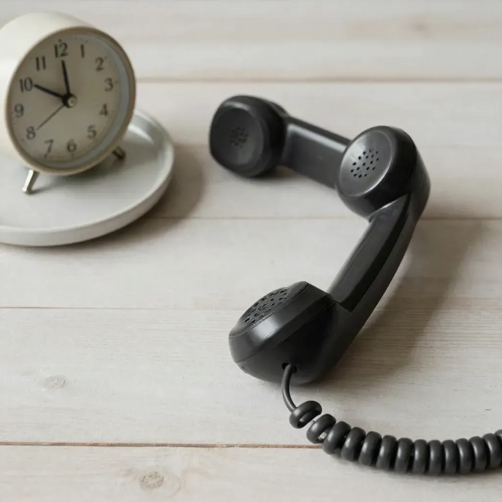 Charcoal phone handset on cradle with desk clock and ceramic tray on pale wood