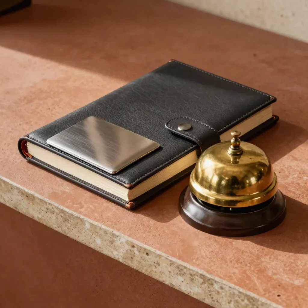 Brass bell, leather briefing folio and card holder on terracotta plaster, lit by soft window light.