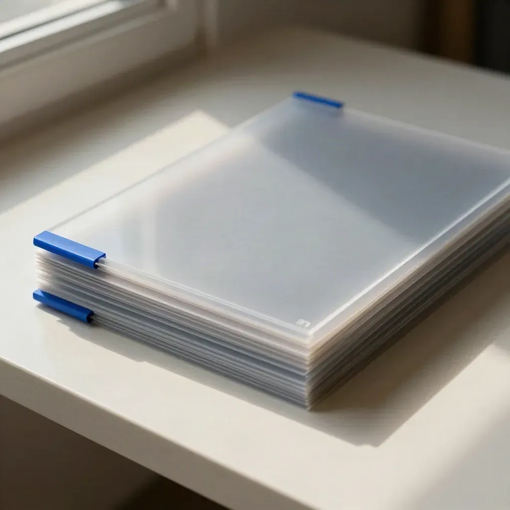 Top-down still life of translucent proof sleeves with cobalt tabs on a pale plaster surface