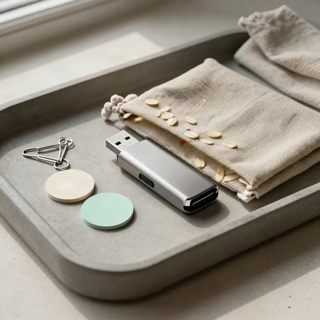 Open linen pouch with USB drive, chip ring, and clips on a concrete tray