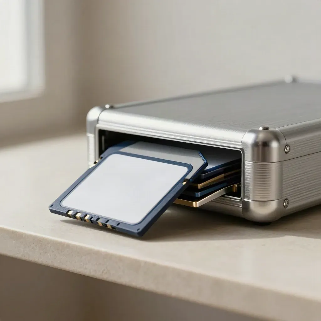 Brushed aluminum drive case with nested memory cards on a stone shelf