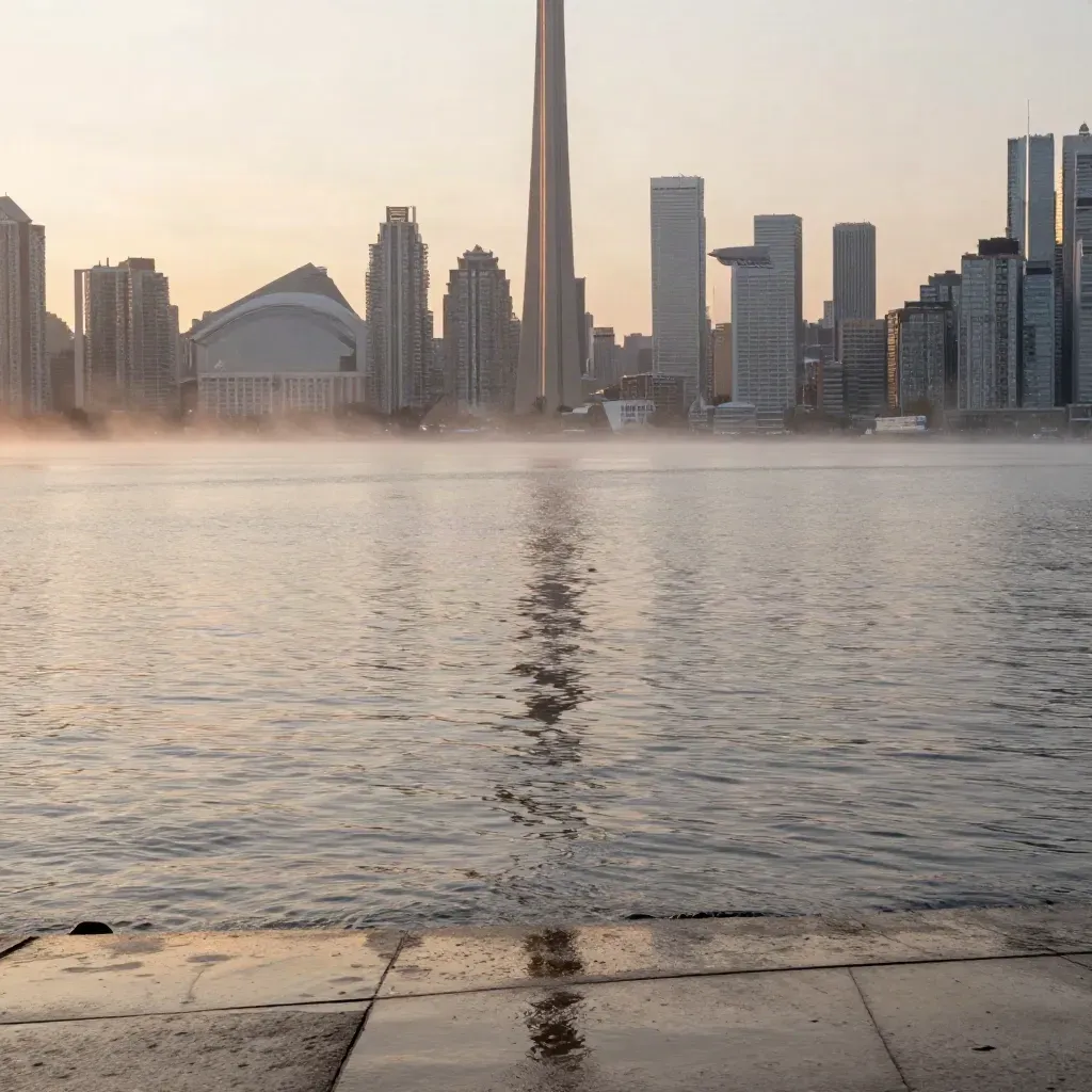 Toronto skyline above calm lake water at sunrise with mist and wet shoreline stone