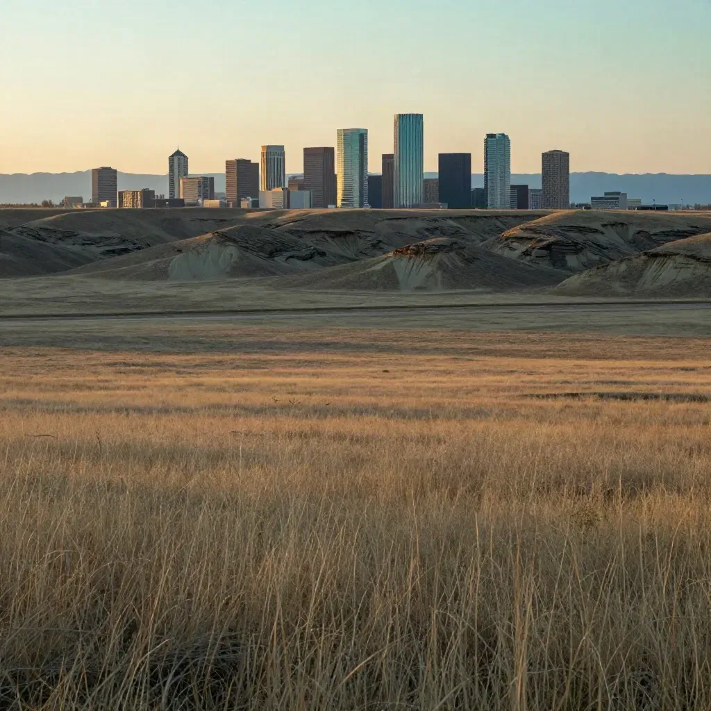 Calgary skyline above Alberta foothills at sunset, prairie grass, sandstone, and distant mountains.