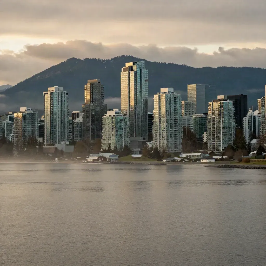 Glass Vancouver skyline above misty North Shore mountains, open harbour below at dusk after rain.
