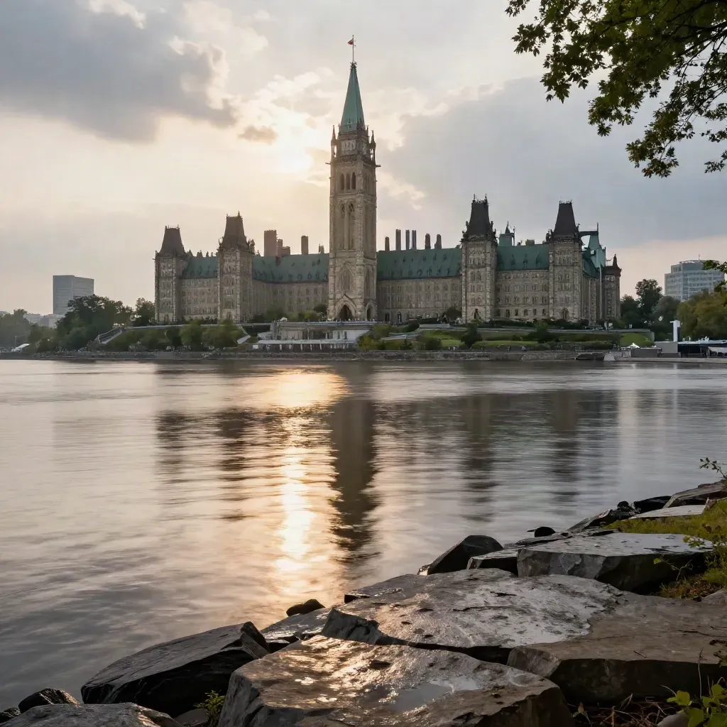 Ottawa Parliament hill above a glowing river after rain at golden hour
