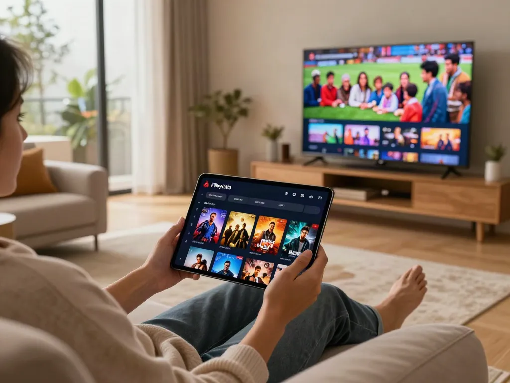 Filmyzilla app being used on a smartphone in a cozy living room, showcasing movies and sports streaming.