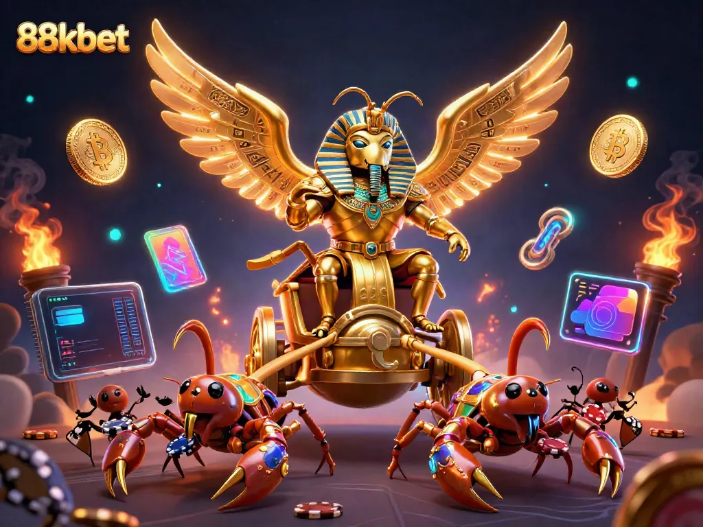 Engage with 88kbet in a vibrant 3D casino world filled with golden scorpions and crypto coins.