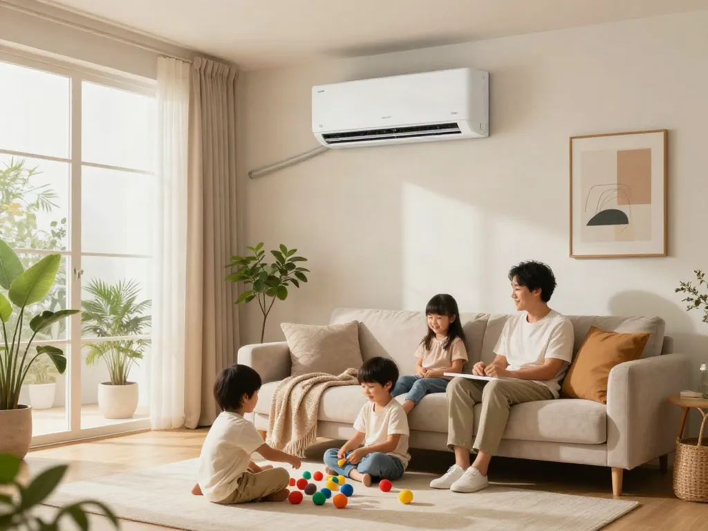 Ductless air conditioner in a cozy living room, family enjoying a comfortable atmosphere.