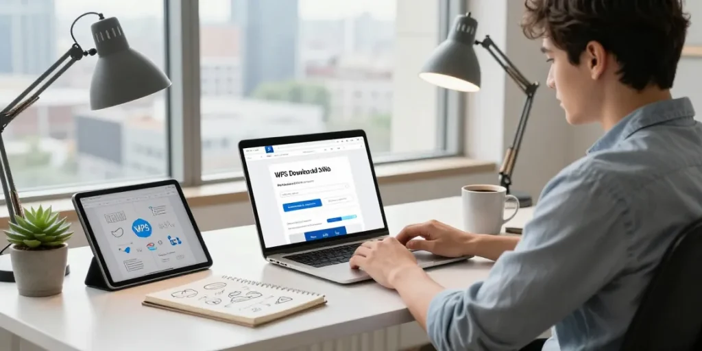 Engaging workspace showcasing WPS Download on a laptop screen, highlighting productivity elements.