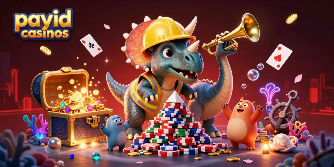 Cheerful scene at payid casinos with triceratops building poker chip pyramid and parasaurolophus celebrating.