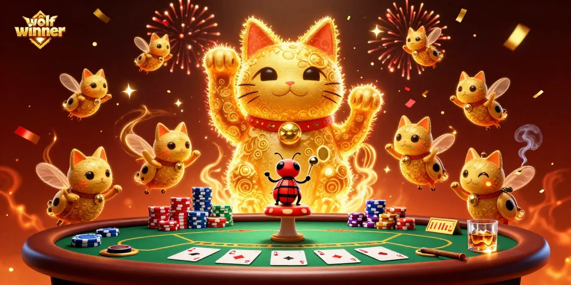 Experience the thrill of wolfwinner in this vibrant casino illustration with a lucky cat.